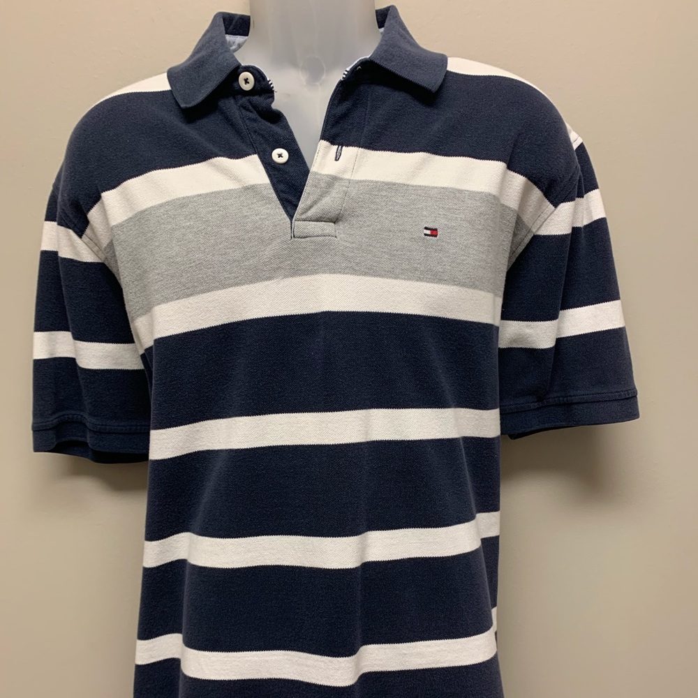 Tommy Hilfiger Polo Shirt Gray White Blue Stripes